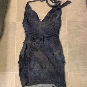 Bear Dance Blue Ruched Halter Mini Dress